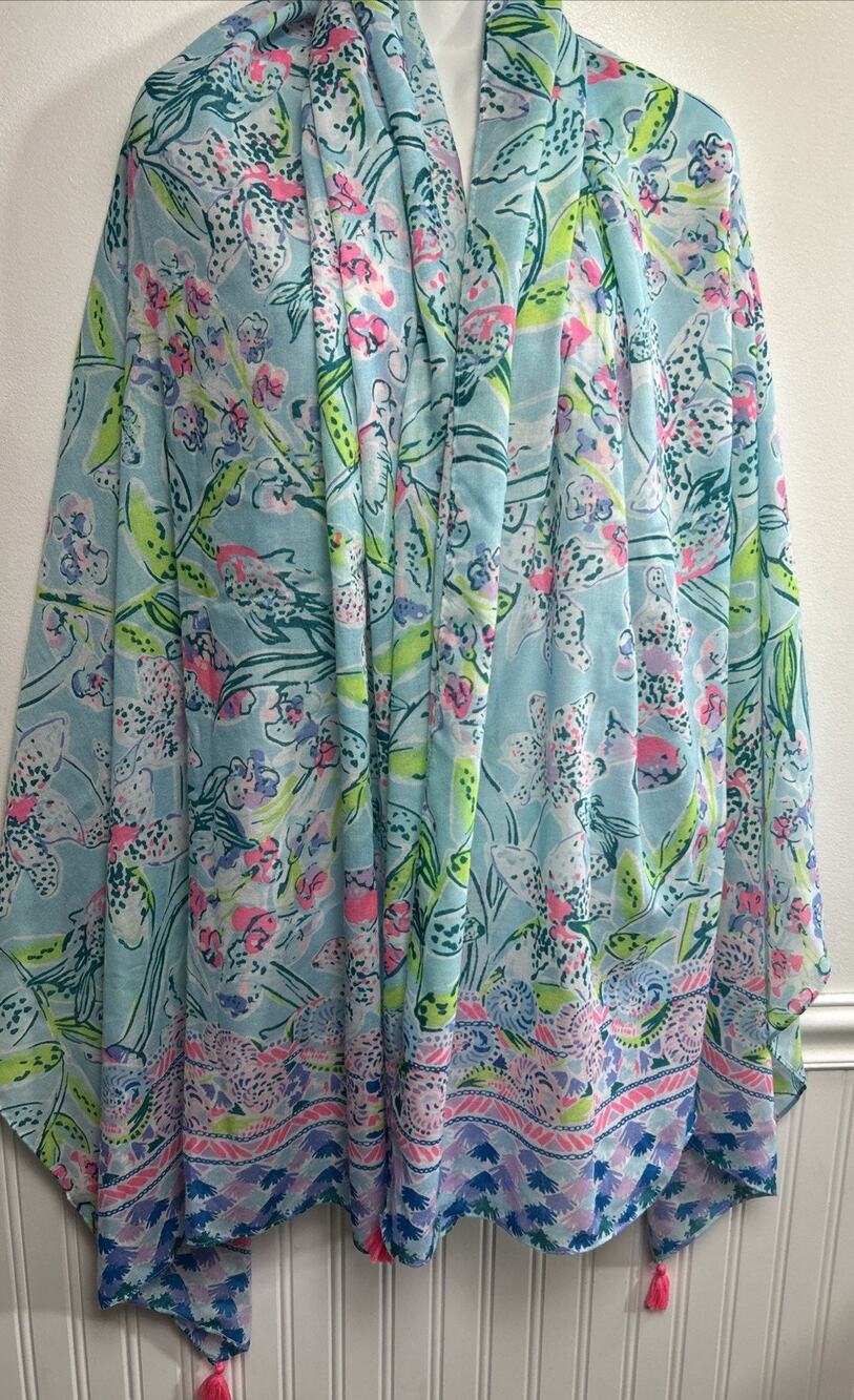 Lilly Pulitzer Caftan Wrap Tropical Ocean Beach Fish Tassels 40x74 Beach Coastal
